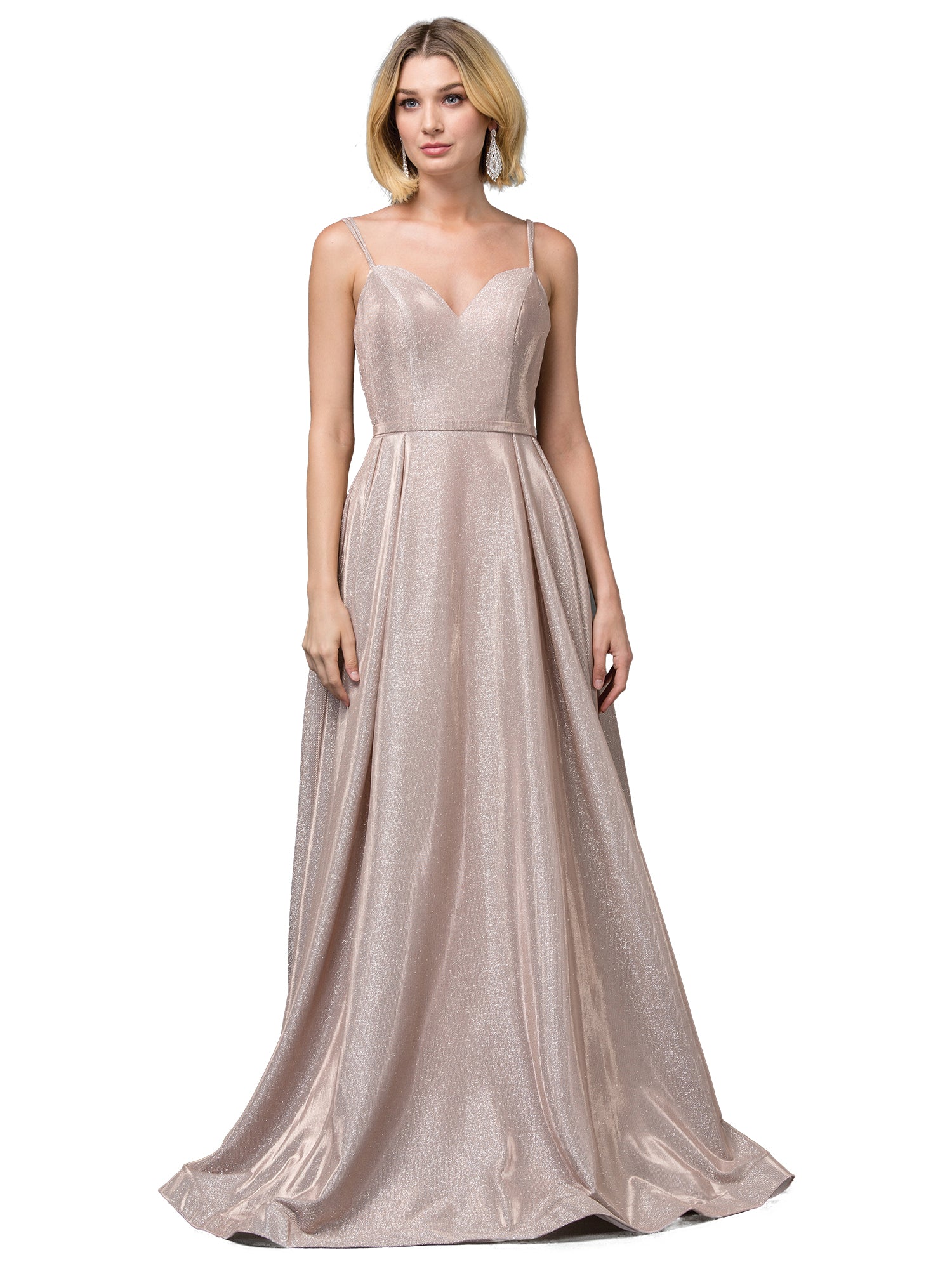 A woman stands facing forward in a metallic long A-line prom dress with side pockets, featuring thin straps and a fitted bodice.